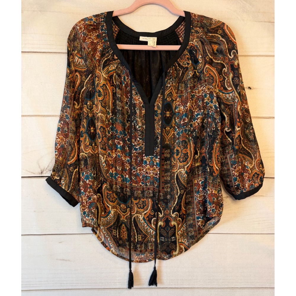 Meadow Rue Anthropologie Paisley Tassel Blouse Metallic Gold Boho Top Small